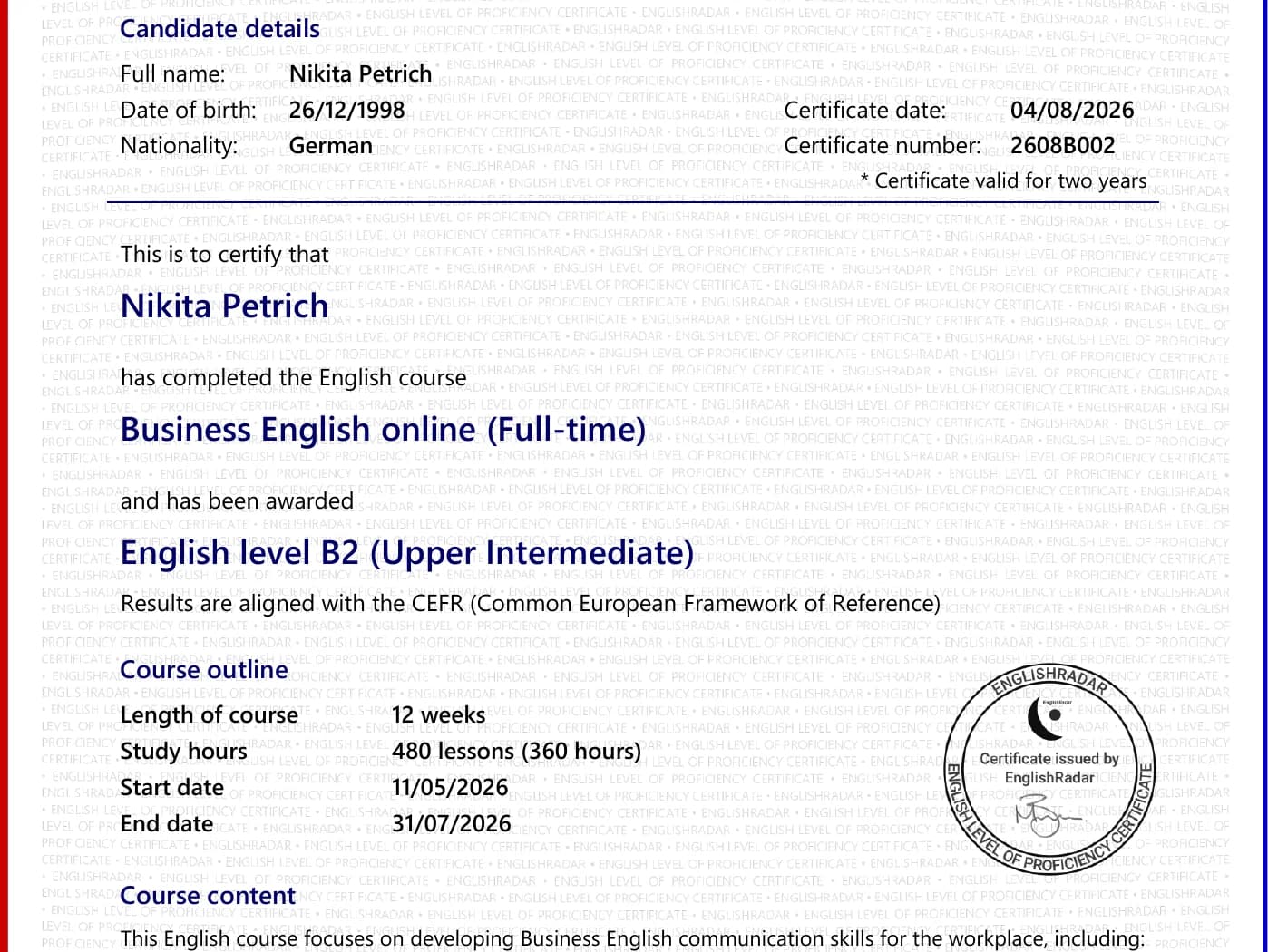 Certificate “Business English Online (Full-time)” from EnglishRadar, issued August 2026