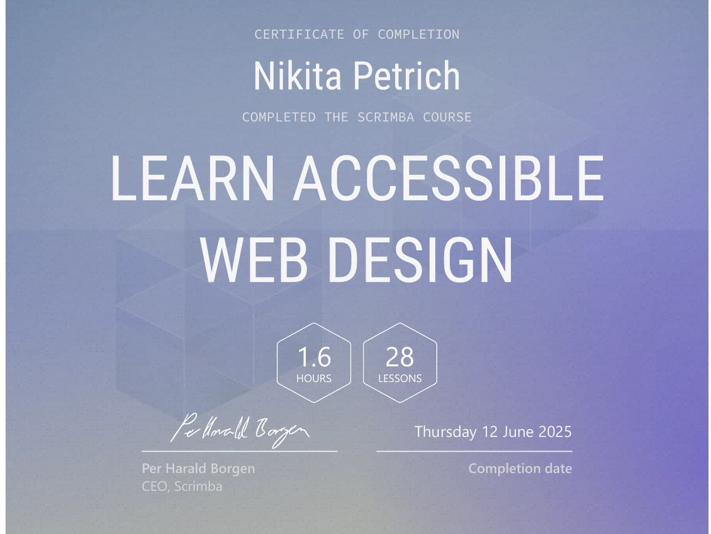 Certificate “Learn Accessible Web Design” from Scrimba, issued June 2025