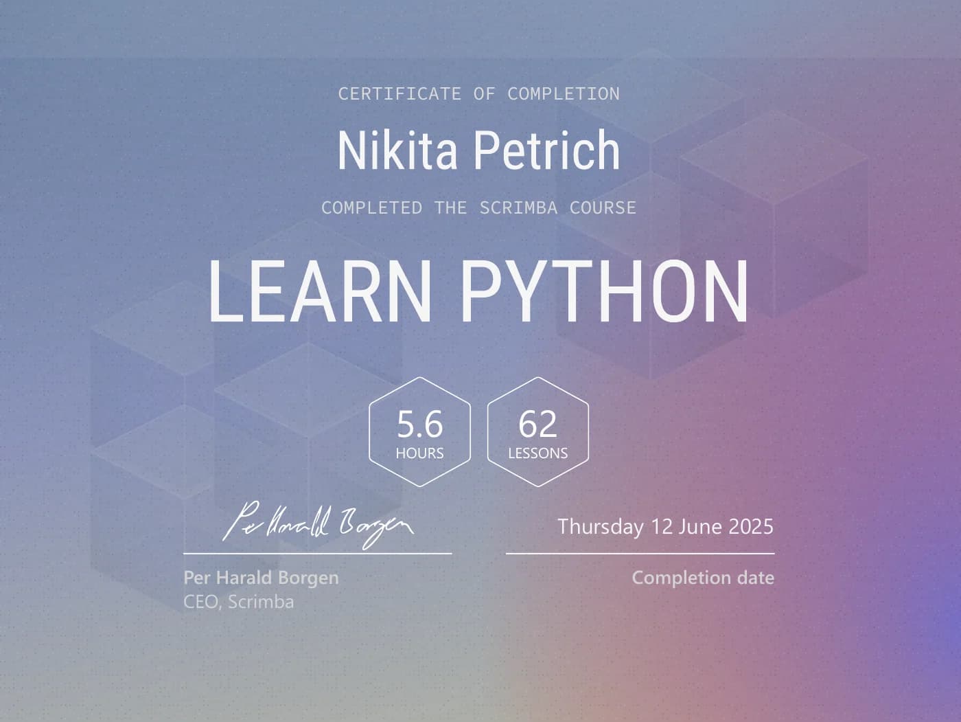 Certificate “Learn Python” from Scrimba, issued June 2025
