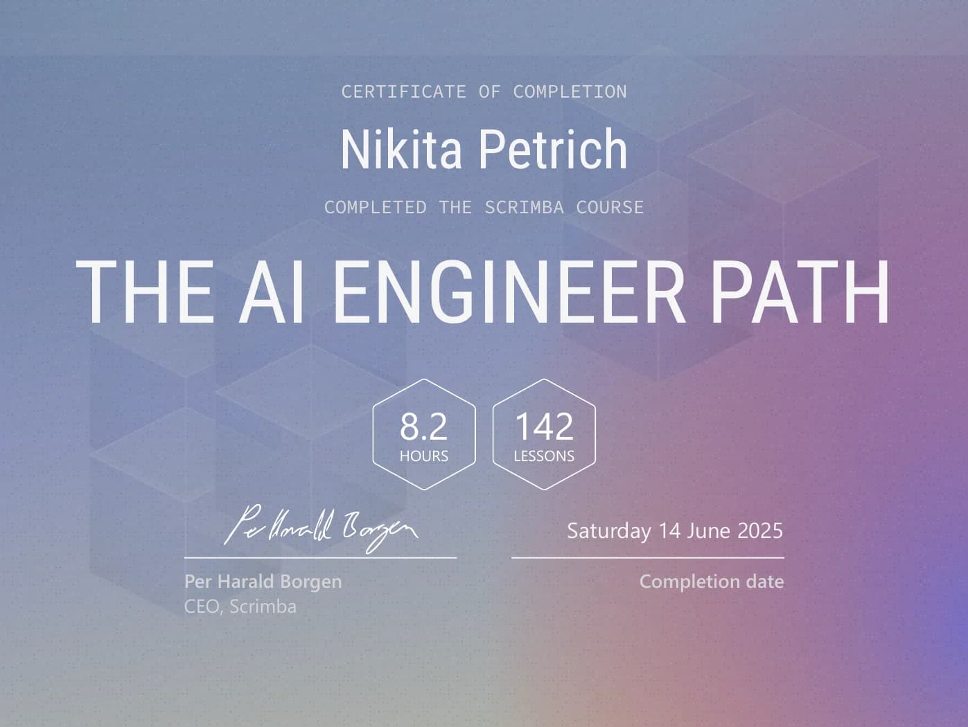Certificate “The AI Engineer Path” from Scrimba, issued June 2025